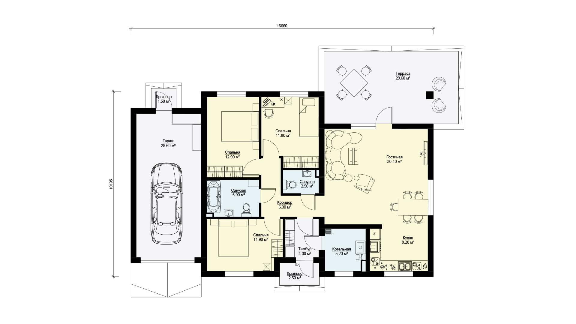 Планировка дома 150м² одноэтажный с гаражом и террасой